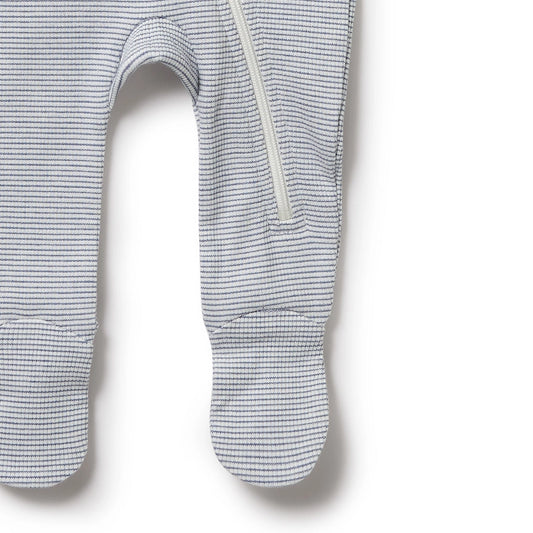 Organic Stripe Rib Zipsuit with Feet - Rain Drop