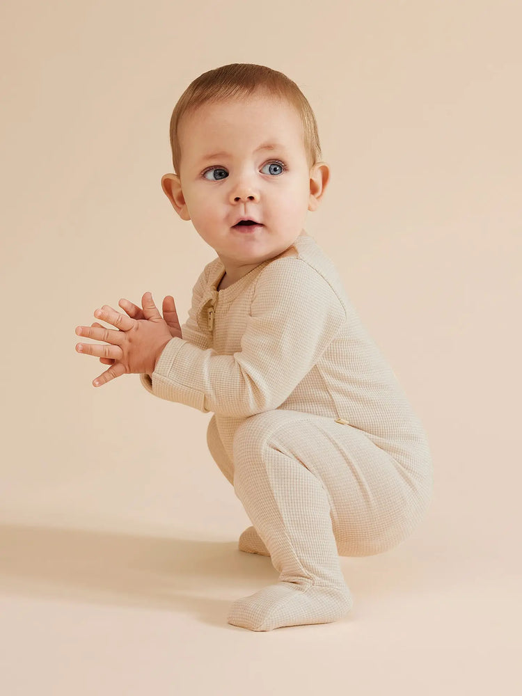 Organic Stripe Rib Zipsuit with Feet - Oatmeal