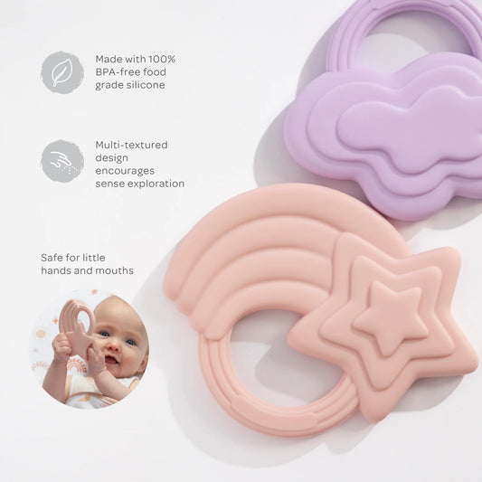 2PK Silicone Teether - Stars & Cloud Pink/Purple