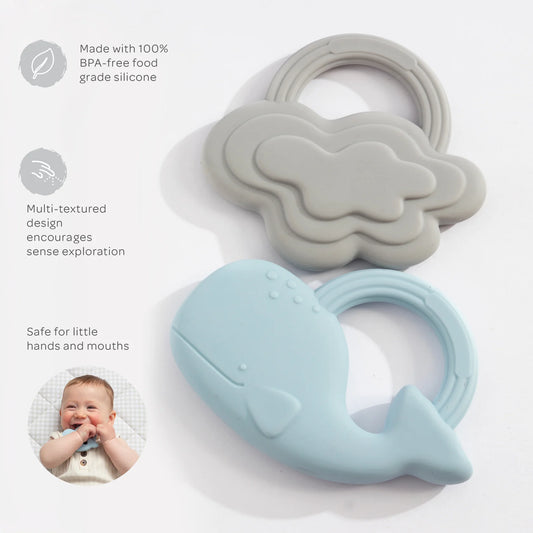 2PK Silicone Teether - Whale & Cloud Blue/Grey