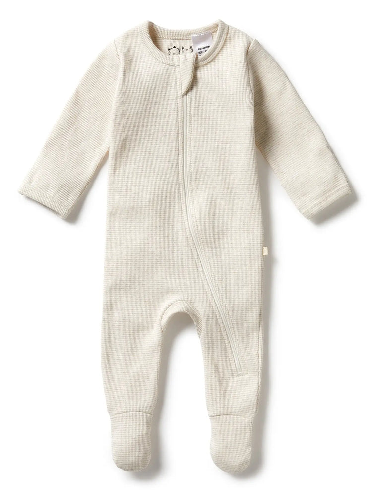 Organic Stripe Rib Zipsuit with Feet - Oatmeal