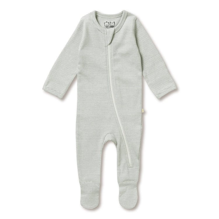 Organic Stripe Rib Zipsuit with Feet - Fern